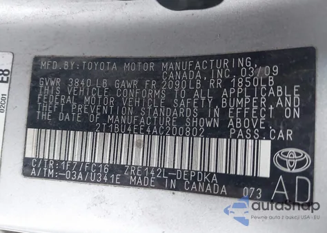 2010 Toyota Corolla Le z USA, uszkodzony, nr VIN 2T1BU4EE4AC200802